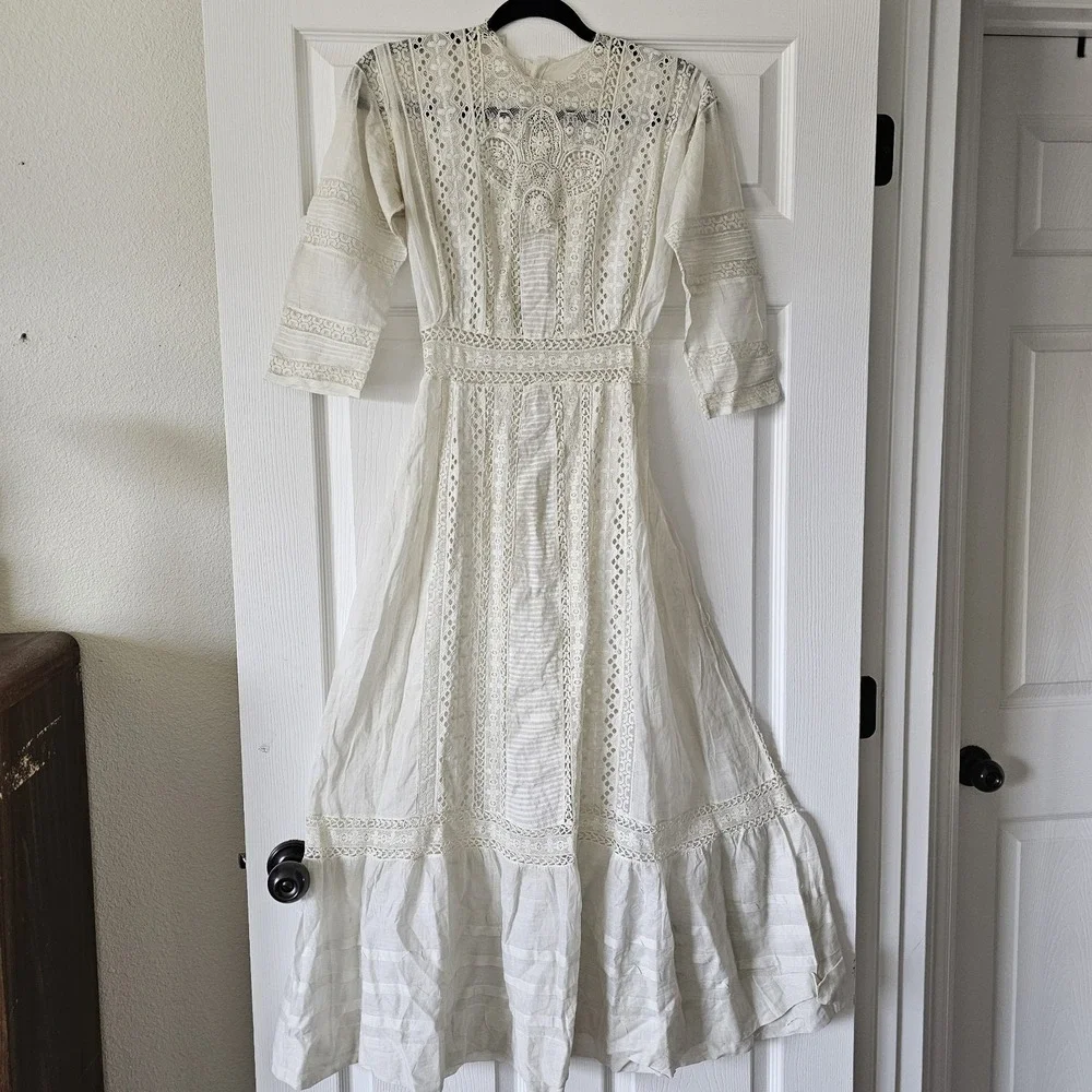 1900s Antique Edwardian White Summer Garden Lawn Dress Lace Linen Tea Gown #68 - Picture 4 of 14